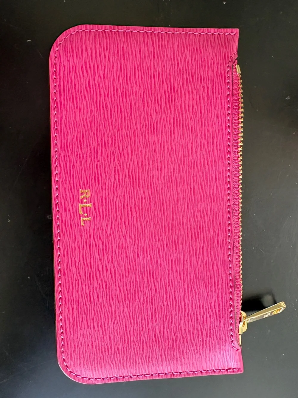 Ralph Lauren RLL Pink Crosshatch Leather Zip Pouch Wallet Card Case Gold
